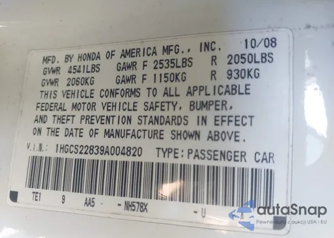 2009 Honda Accord 3.5 Ex-L from USA, damaged, VIN 1HGCS22839A004820